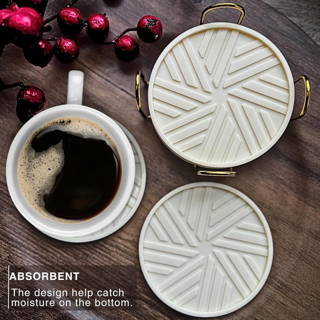 Silicone Coasters for Drinks, Set of 6 with Gold Holder and Modern Elegant Pattern, Unique Protection for Coffee Table, Living Room Decor and Housewarming Gift