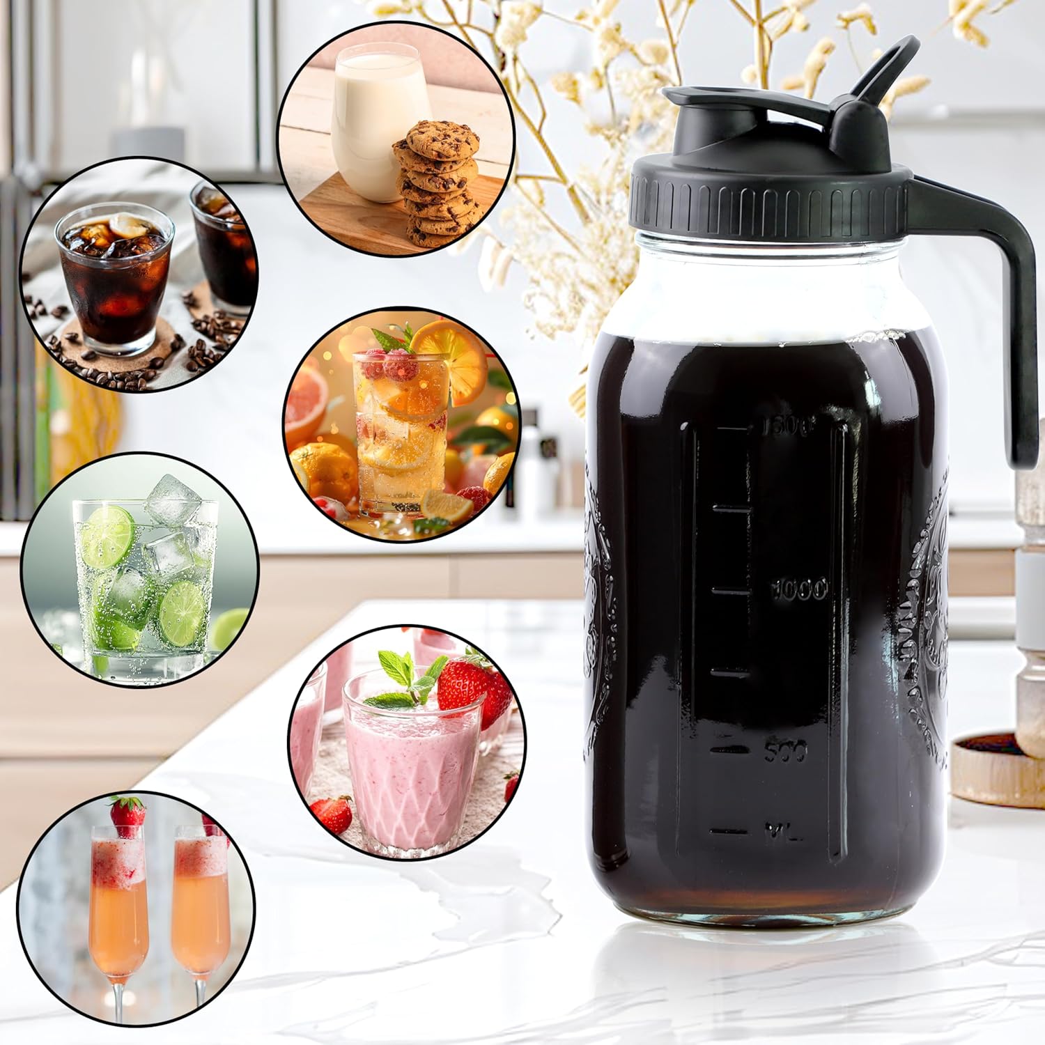 Cold Brew Coffee Maker 64 Oz Mason Jar Iced Coffee Maker 2 Set Half Gallon Glass Pitcher With Pour Spout Lids 2 Quart Wide Mouth Cold Brew Pitcher With Strainer For Fridge, Lemonade, Cold Brew, Milk
