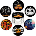 Coaster for Drinks Set of 6, Halloween Skeleton Skull Pumpkin Absorbing Round Ceramic Stone Coaster with Cork Base,Tabletop Protection Mat for Mugs and Cups,Coffee Table Wine Glass Home Bar 4 Inch