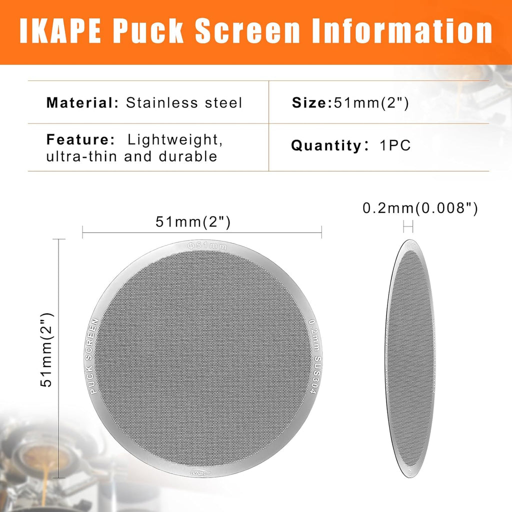 IKAPE 51mm Espresso Puck Screen, 0.2mm Thickness, Reusable Metal Ultra-thin & Ultra-light Coffee Filters, Food-grade 316 Stainless Steel Coffee Puck Screen for Espresso Baristas