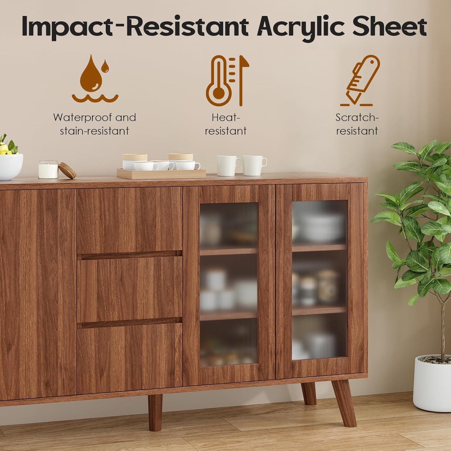 Soohow Farmhouse Buffet Cabinet, 55.5" Coffee Bar with 3 Drawers and Pop-Up Doors, Large Rustic Sideboard for Dining Room, Kitchen, Hallway, and Living Room