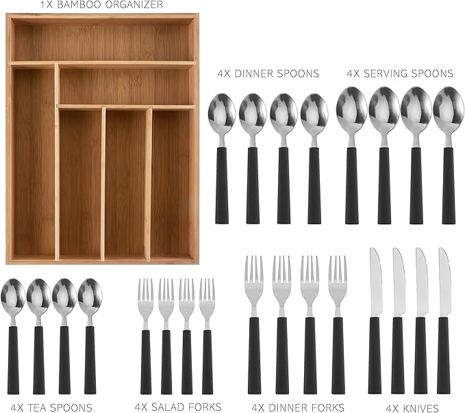 COOK WITH COLOR Bamboo Kitchen Utensil Set with Drawer Organizer | Cooking Tools and Storage Caddy, Black, 25 Piece Cutlery Set
