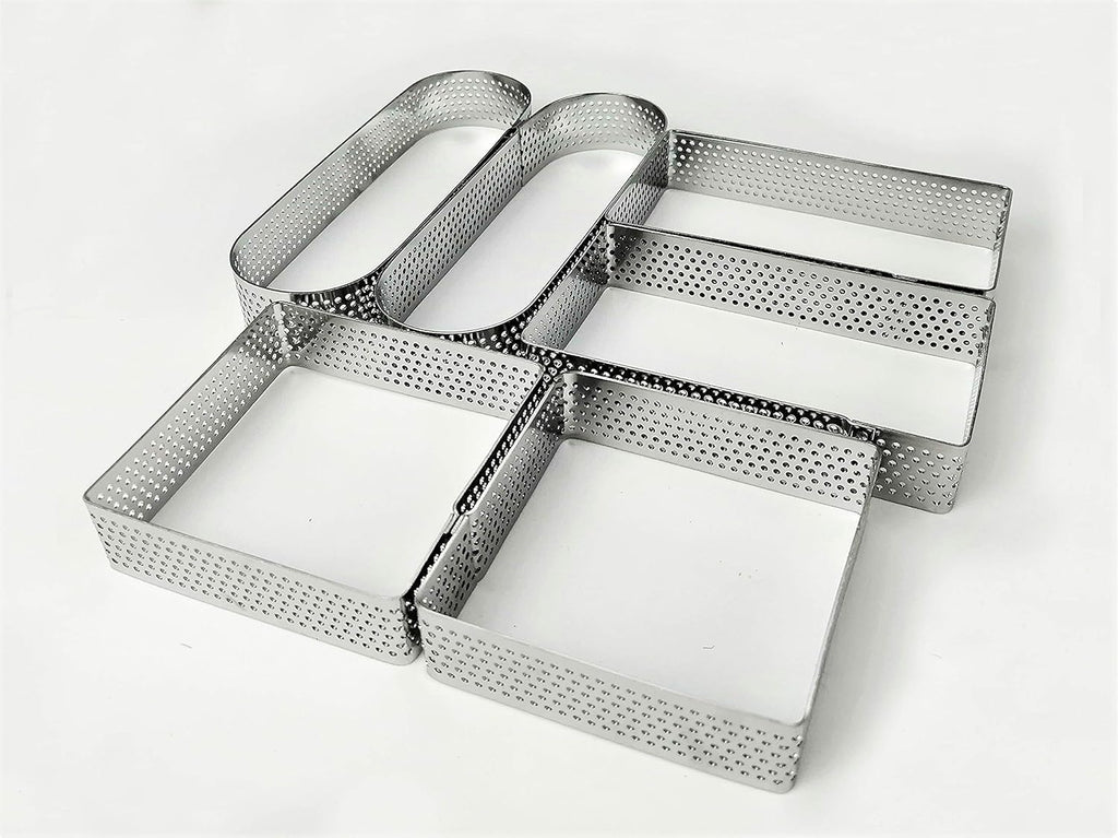 NewlineNY Stainless Steel 6 Pcs Perforated Oval, Rectangular, Square Tart Rings Molding Plating: 2 of each (5" x 1.5") + (4" x 1.5") + (2.8" square) x (0.8" H) Sizes