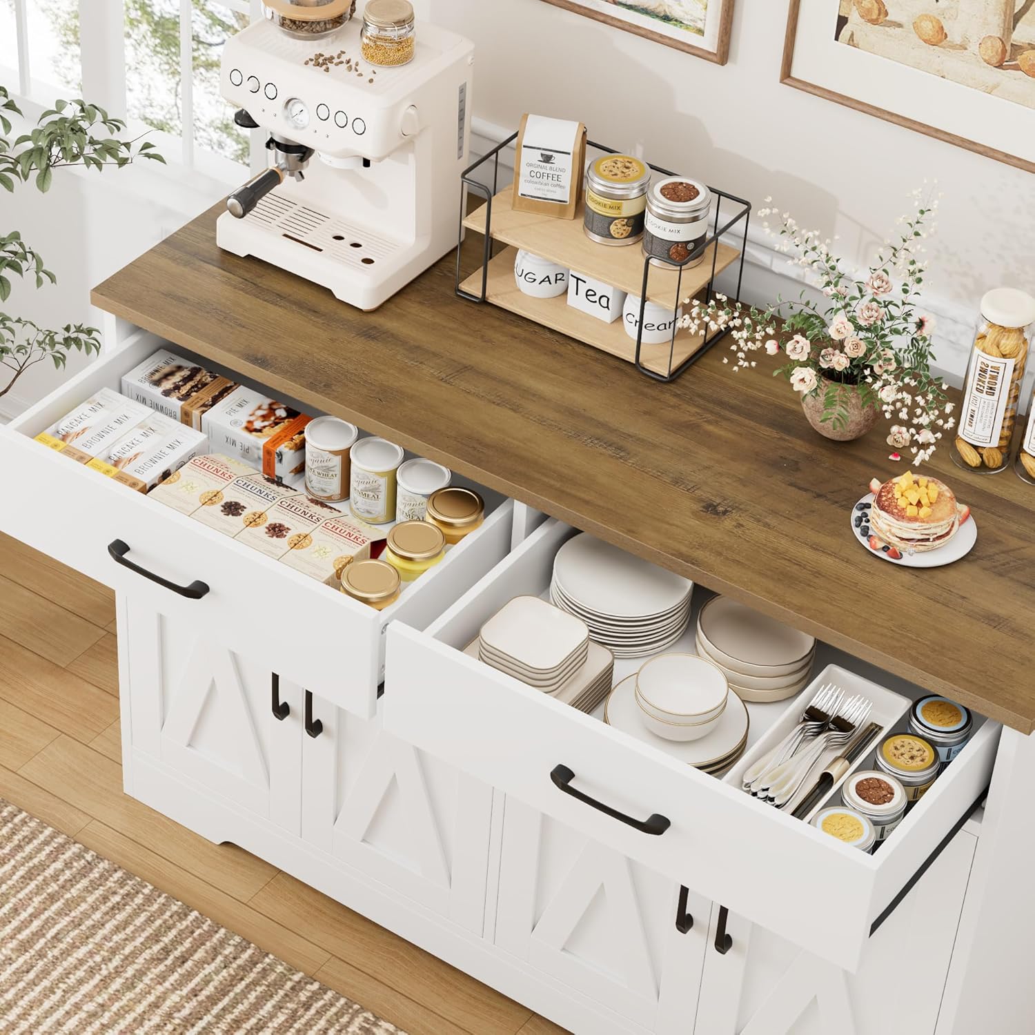 HOSTACK Buffet Cabinet with Storage, 47.2" Kitchen Sideboard Buffet with Drawers, Modern Farmhouse Coffee Bar Station with Shelves, Barn Doors Storage Cabinet for Living Room, White/Rustic Brown