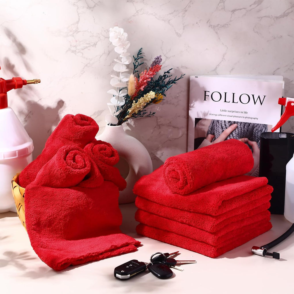 Shimeyao 30 Pcs Edgeless Microfiber Plush Towels for Cars Detailing Drying Wash Polishing Absorbent Cleaning Cloths, 500 GSM, 16 x 16 Inch(16 x 16 Inch,Red,30 Pcs)