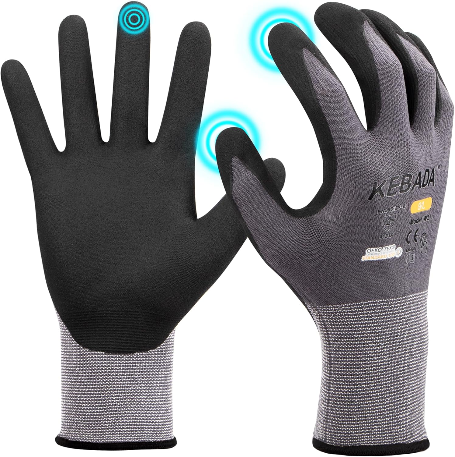 Kebada W2 Safety Work Gloves, Micro-Foam Nitrile Coated Gloves, Touchscreen,Ideal for Package Handling, Gardening, Construction, 1 Pair Medium