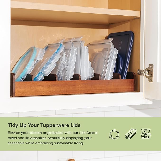 KitchenEdge Acacia Kitchen Towel and Storage Organizer, Perfect for Drawers, Cabinets, Pantry, 5 Adjustable Wall Inserts, Non-Slip Feet, Organize Containers, Food-Safe Finish