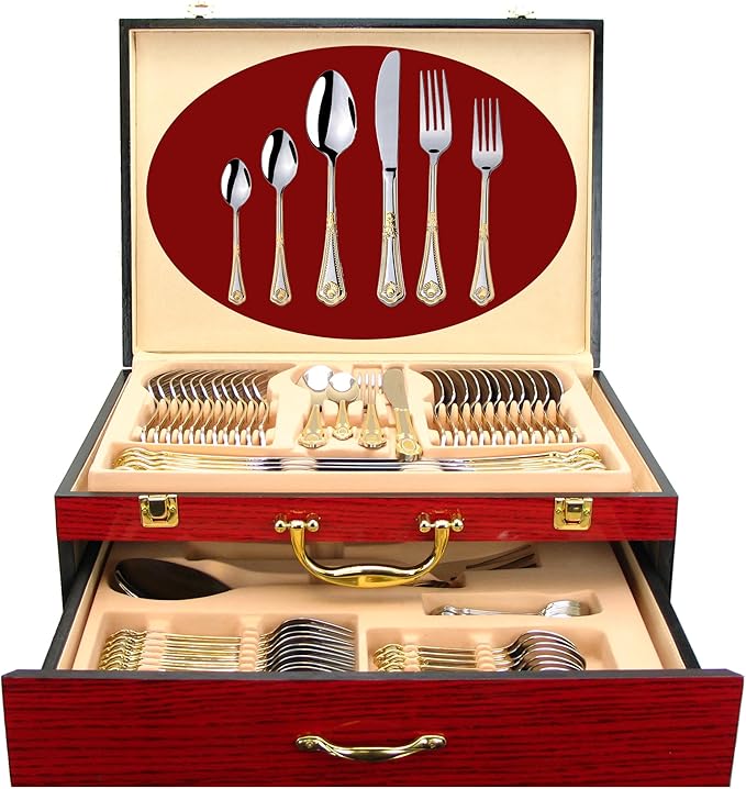75-Pc Luxury Flatware Set for 12 w/Storage Case 24K Gold Premium Dining Cutlery Service - 18/10 Surgical Stainless Steel Silverware Hostess Serving Set in a Chest