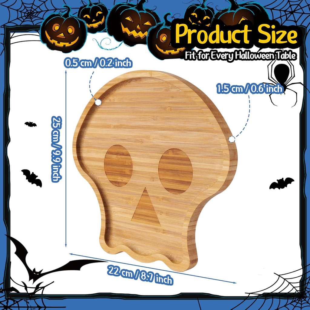 TJ POP Halloween Skull Serving Platter - 10” x 9” Skull Shaped Bamboo Serving Tray, Cute Wooden Charcuterie Board, Spooky Halloween Snack Dessert Candy Dish Plate for Party, Kitchen, Dining Decor