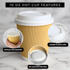 NYHI 100 10 oz Ripple Kraft Paper Cups Brown Hot Cold 3 Layer Rippled Small Insulated Disposable Coffee Cups for Cappuccino Hot Cocoa or Iced Drinks