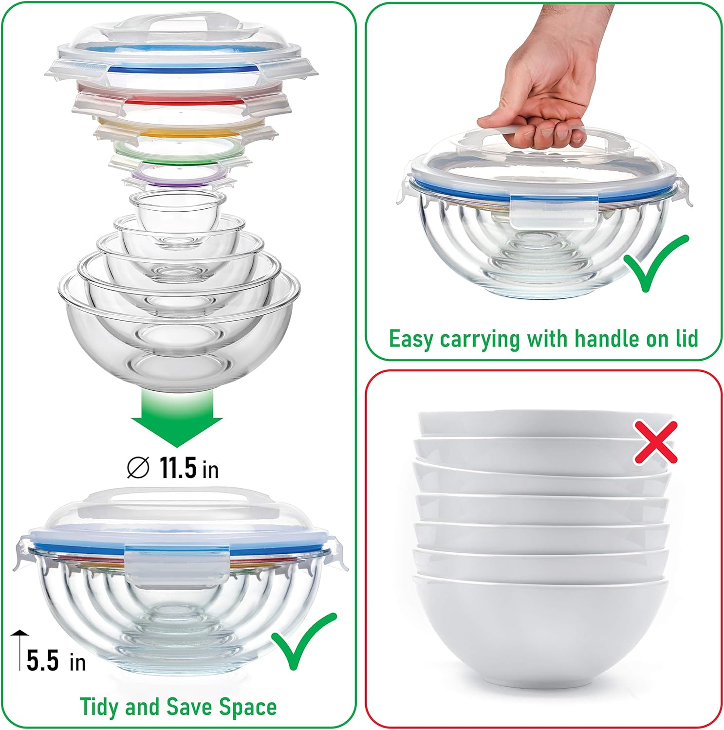 Set of 5 Stackable Space-Saving Nesting Glass Bowls with BPA Free Lids for Foodprep, Storage, Baking, Mixing & Cooking, Microwave Safe - Durable Inert Borosilicate Glass