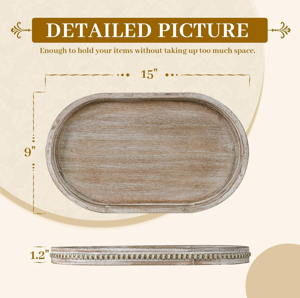 MAONAME Wood Serving Tray, Farmhouse Wooden Tray for Coffee Table, Oval Beaded Trays, Washed White Decorative Trays for Living Room, Kitchen, 15" X 9" X 1.2"