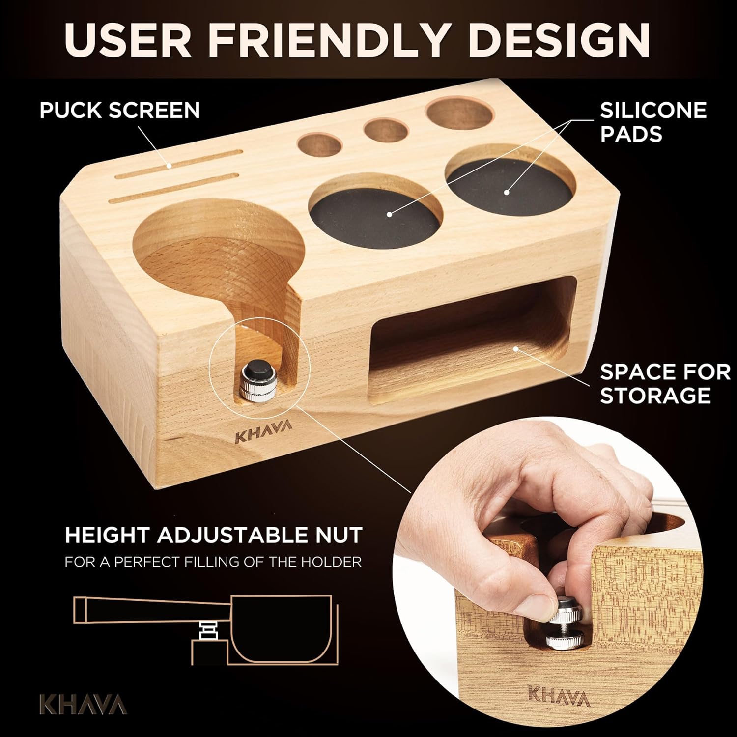 KHAVA Espresso Tamping Station | Wooden Coffee Tamper Station 51-54 mm | Espresso Organizer Portafilter Holder | Coffee Station Organizer for Countertop | Espresso Accessories for Coffee Bar, Natural