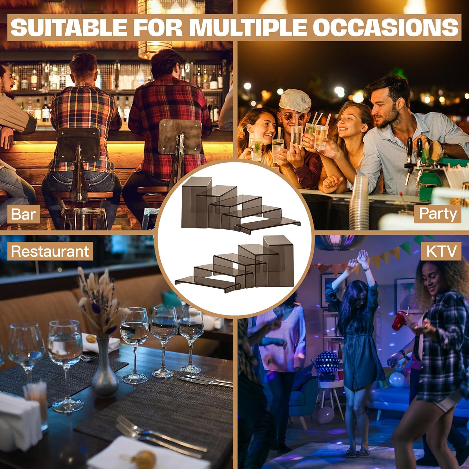 Goabroa Acrylic Display Risers,2 Sets 10 Pcs Rectangular Display Stands for Vendor Events, Acrylic Display Shelves for Figures, Cupcake, Wine Glass and Handbag display, Transparent Black