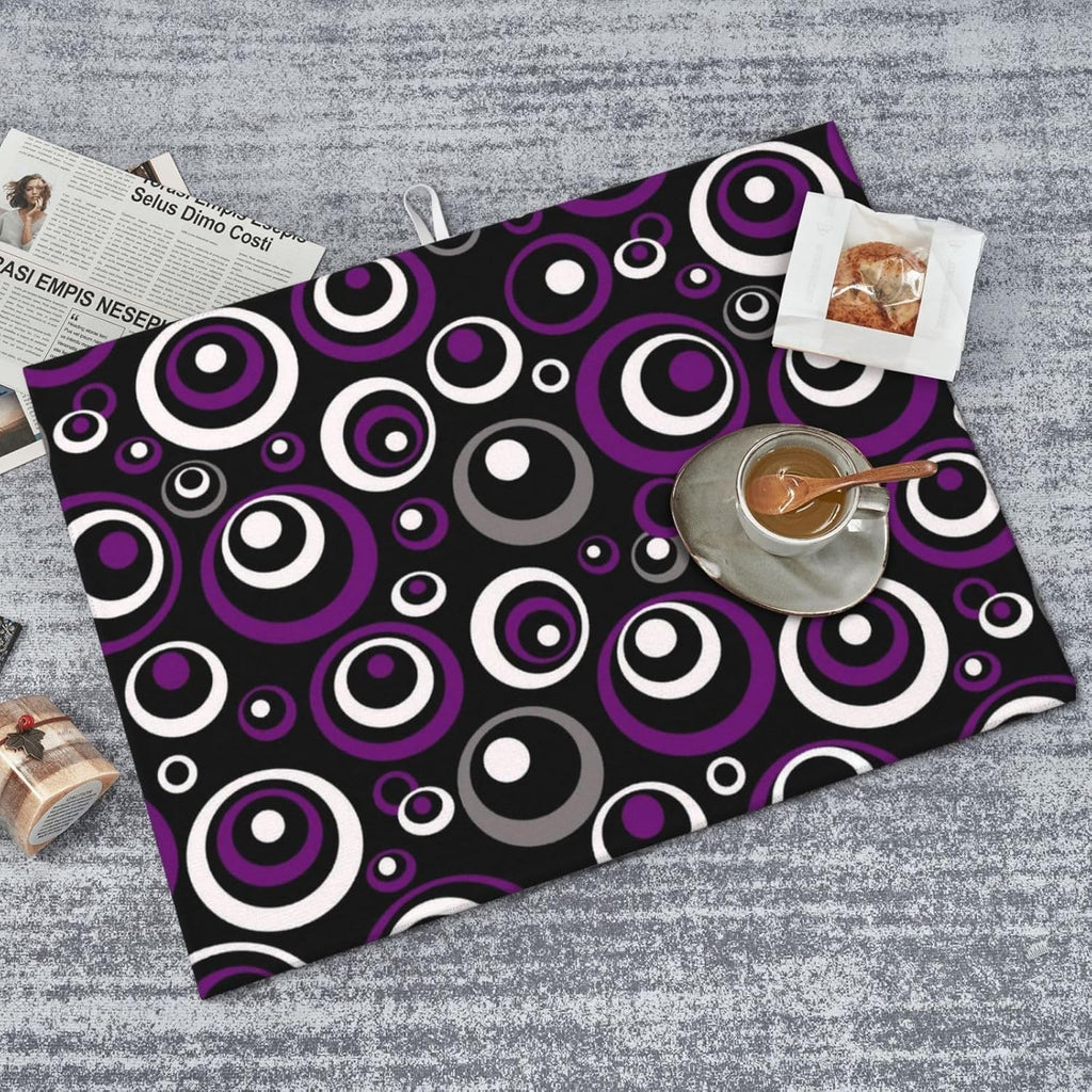 Purple Black White Geometric Circle Pattern Dish Drying Mat for Kitchen Counter, 18x24 inch Absorbent Reversible Microfiber Kitchen Countertop Protector Dishes Drying Pad for Dishes, Sink, Coffee Bar