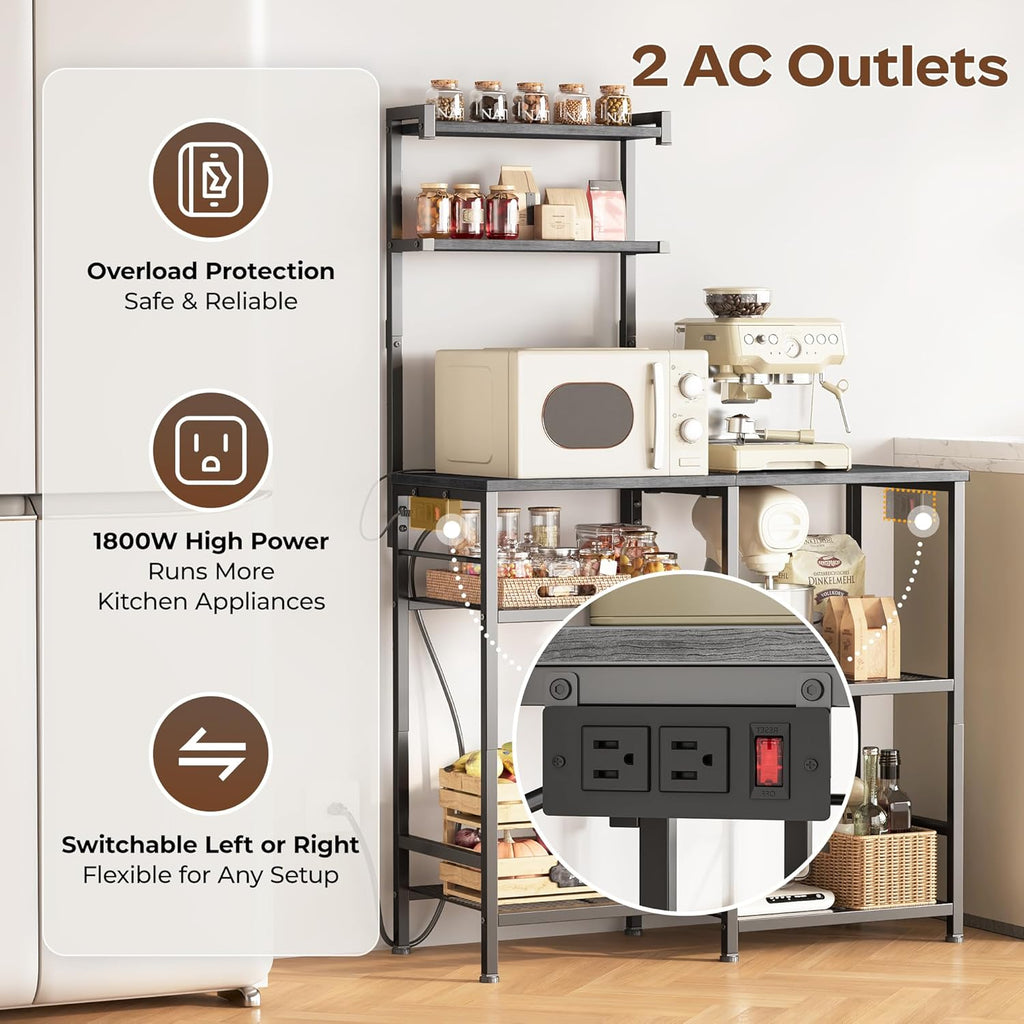 Huuger 31.5 Inch Bakers Rack with Power Outlets, Kitchen Microwave Stand with Storage, Coffee Bar with 4 Hooks, 3-Level Height Open Shelves, Grey