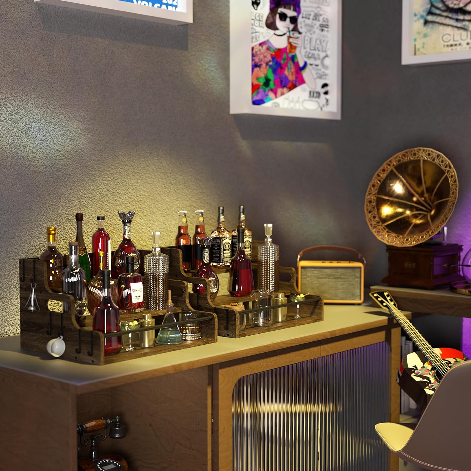 3-Tier Liquor Bottle Display Shelf, Bar Stand for Whiskey, Spirits, Coffee Syrup Rack Organizer, Countertop Wine Rack for Home, Mini Coffee Bar, Small Liquor Cabinet and Kitchen Dark Brown