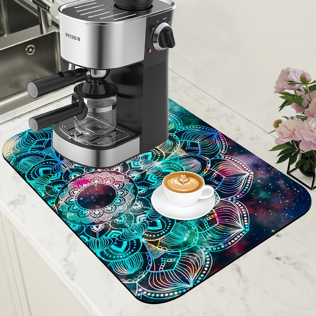 Abstract Mandala Galaxy Star Dish Drying Mat for Kitchen Counter Coffee Bar Mat Hide Stain Absorbent Rubber Backed Coffee Maker Espresso Machine Accessories 11.8 x 19.7 Inch