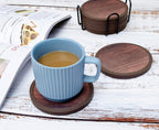 Absorbent Coasters for Drinks with Holder - 6packs, Silicone Coaster with Soft Felt Insert (4.3 inch Coasters with 4.5 inch Holder, Wooden Style)