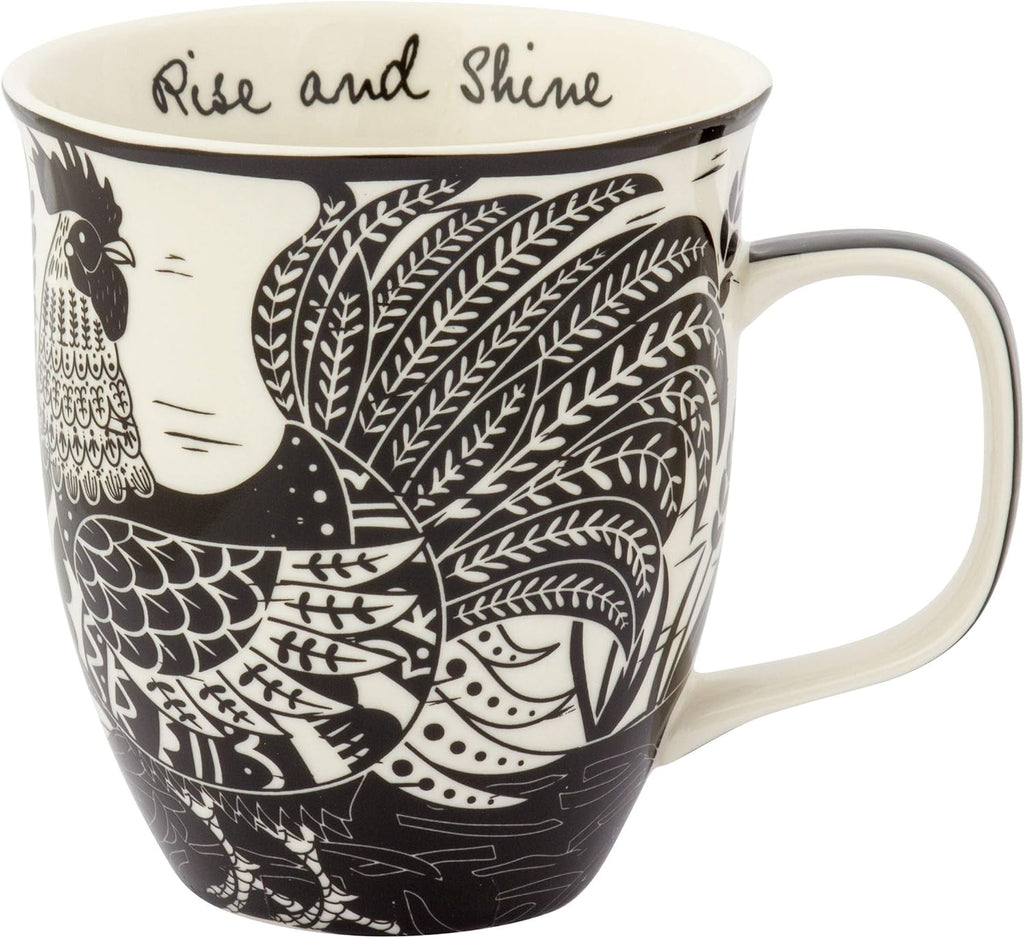 Karma Gifts 16 oz Black and White Boho Mug Rooster - Cute Coffee and Tea Mug - Ceramic Coffee Mugs for Women and Men