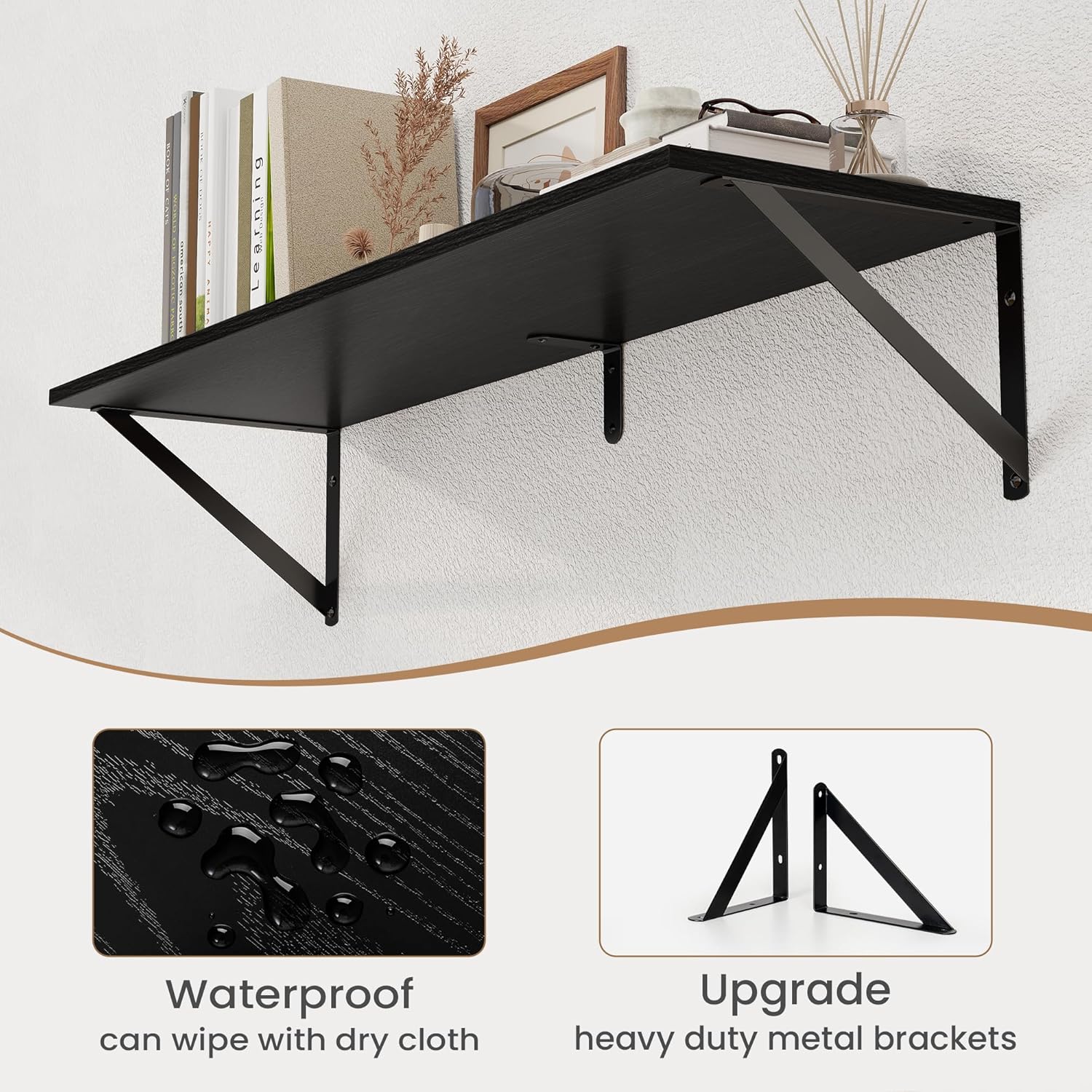 Heimlove Black Deep Floating Shelves for Wall, 32W x 8D Wood Wall Shelves Set of 2, Wide Floating Bookshelf for Living Room, Kitchen, Office, Bedroom and Decor Storage, with Metal Bracket - Black