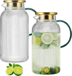 2 PACK Glass Pitcher with Lid,68 oz/ 2 Liter Vertical Stripes Water Pitcher With Green Handle,Glass Water Carafe for Cold Brew,Coffee, Lemonade, Iced Sun Tea,Beverage,Milk Heat Resistant