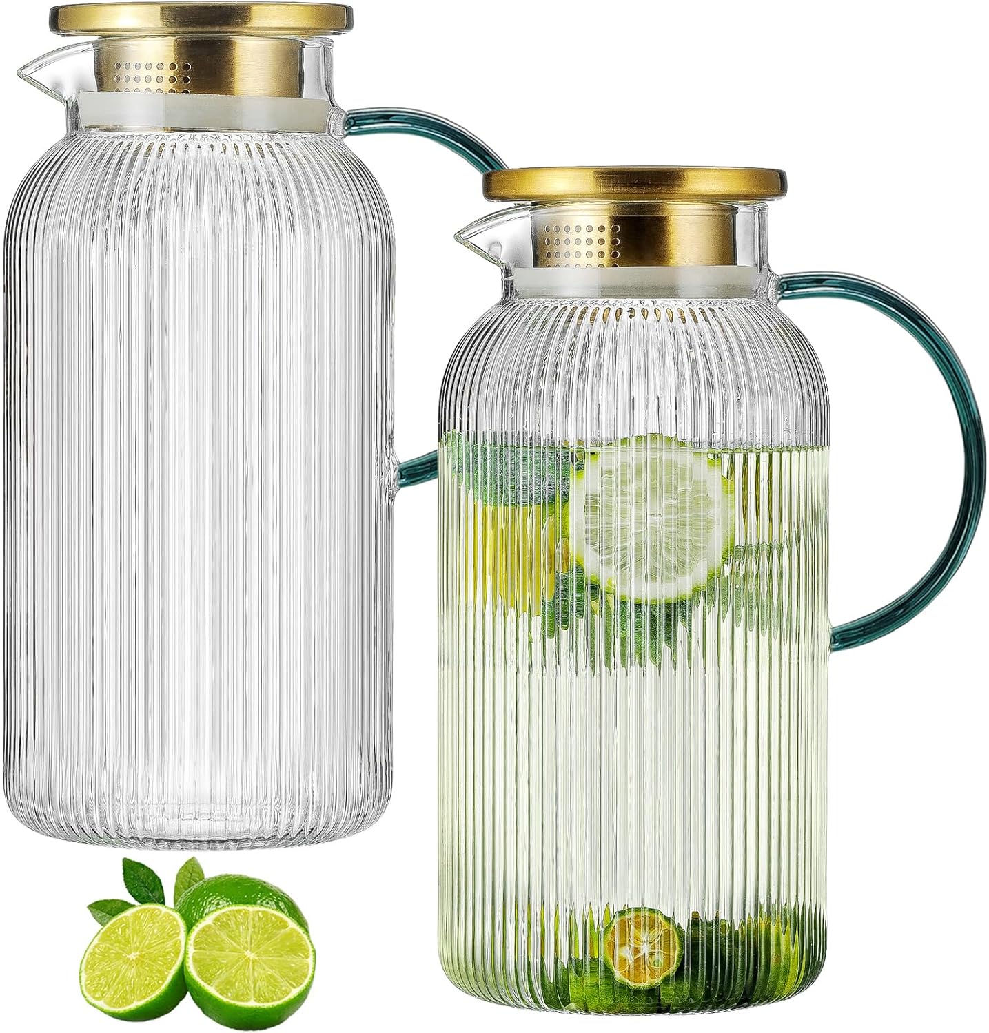 2 PACK Glass Pitcher with Lid,68 oz/ 2 Liter Vertical Stripes Water Pitcher With Green Handle,Glass Water Carafe for Cold Brew,Coffee, Lemonade, Iced Sun Tea,Beverage,Milk Heat Resistant