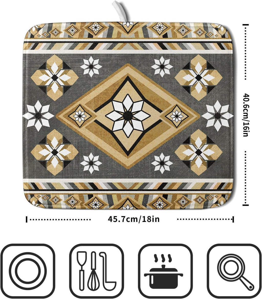 Boho Yellow Gray Aztec Dish Drying Mat for Kitchen Counter,Native American Tribal Aztec Ethnic Boho Style Drying Mat 16 x 18 Inch Microfiber Dish Drying Pad Dish Rack Pad Drainer Mat for Coffee Bar