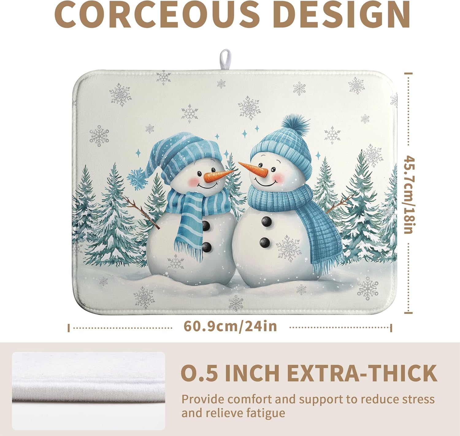 Winter Dish Drying Mat Winter Snowman Large Kitchen Mats Dish Drying Pad Blue Snowman Pine Tree Absorbent Dish Dryer Mat for Kitchen Countertops Microfiber Drainer Pad Dish Drying Mats (18x24 in)