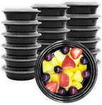 MULMEHË Plastic Meal Prep Take-Out Container and Lid Combo, 24 oz, Microwaveable, Round, Black, 7x1.5”, Set of 150