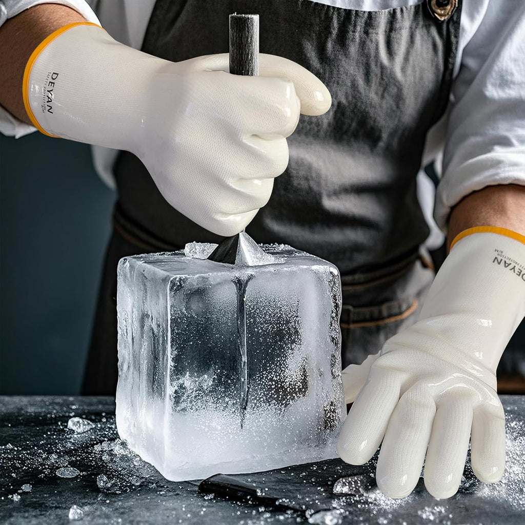 DEYAN Silicone BBQ & Oven Gloves - Food Grade, Heat Resistant Waterproof & Oil Proof Gloves for Grilling, Baking, Frying, Cooking - Long Sleeve & Non-Slip Grip, 1 Pair (White, 10/XL)