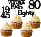 Gyufise 24Pcs Vintage 1945 Cupcake Toppers Glitter Cheers to 80 Fabulous Eighty Cupcake Picks 80th Birthday Wedding Anniversary Party Cake Decorations Supplies Black