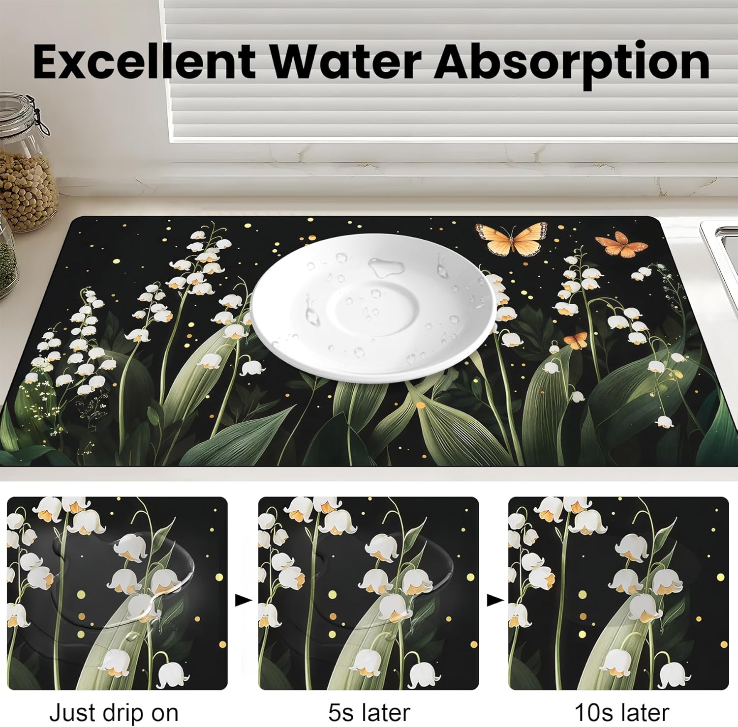 17"x 32" Coffee Bar Mat, White Campanula Absorbent Dish Drying Mat Cuttable Hide Stain Draining Table Pad for Kitchen Counter, Coffee Bar Accessories