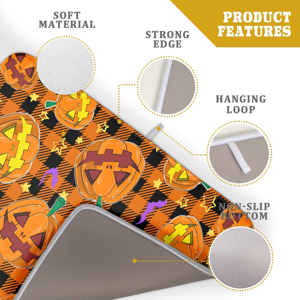 Giwawa Halloween Dish Drying Mat, 18"x24" Spooky Pumpkins Bats Orange Black Buffalo Plaids Dish Drainer Mats, Large Absorbent Fast Drying Dish Drying Pad for Kitchen Countertop Holiday Decor