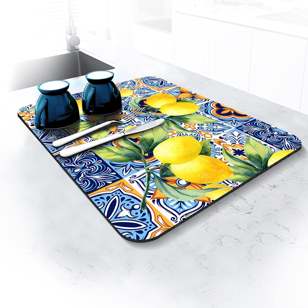 Rubber Dish Drying Mat for Kitchen Counter Large Lemon Washable Quick Home Coffee Pad Fit Under Sink,Bar,Utensils 16x18in