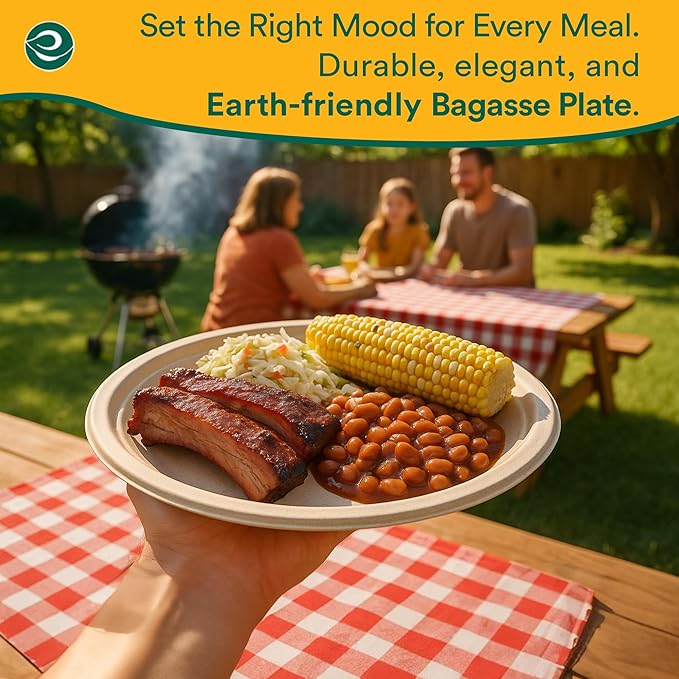 ECO SOUL Compostable 9 Inch(200-Pack) Biodegradable Heavy-Duty Disposable Eco-Friendly Paper Plates for Christmas Dinner & Parties, Wedding, Event