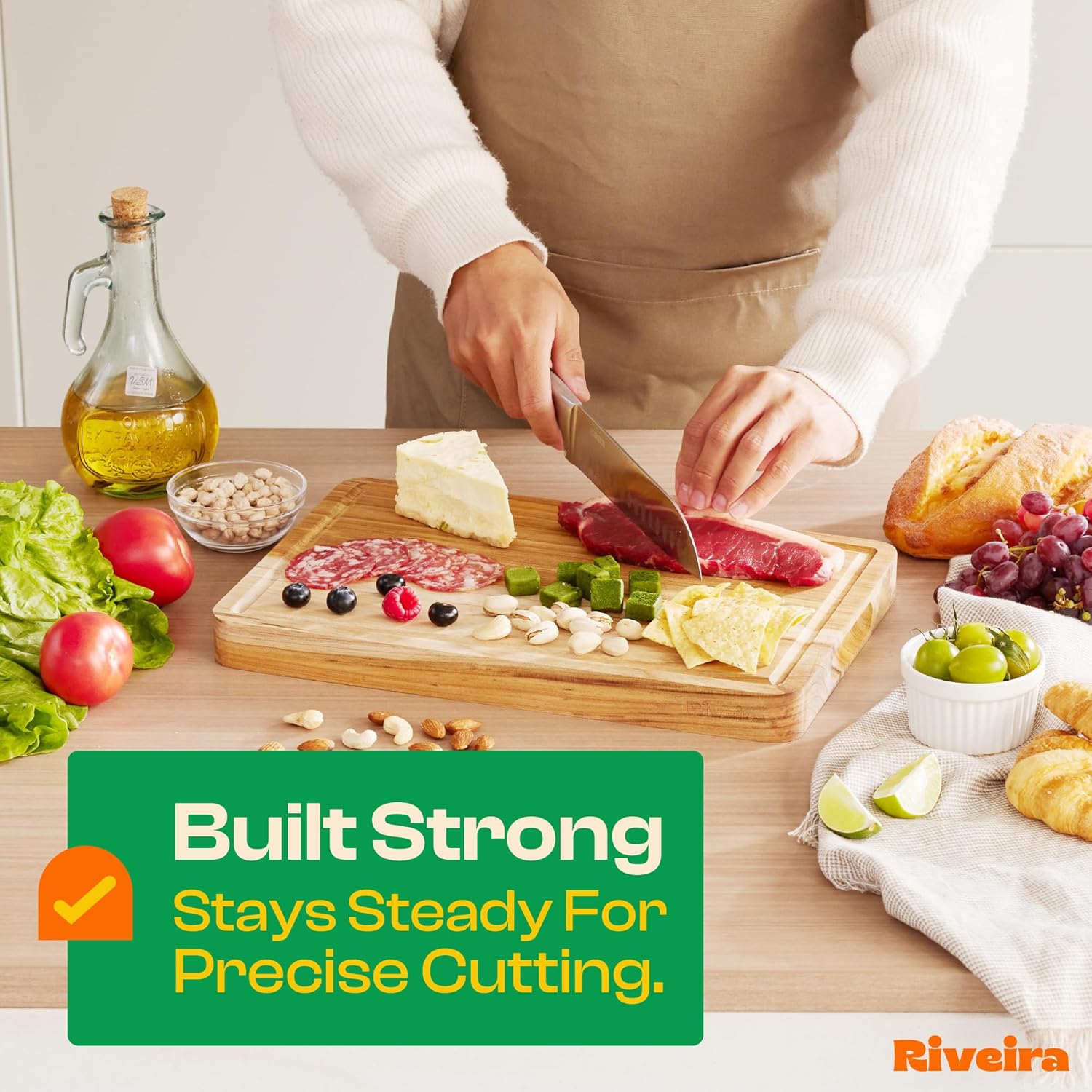 Riveira Teak Wood Cutting Board – Gourmet Teak Grandeur: 15 x 10 Wooden Cutting Board – Natural Wooden Cutting Boards For Kitchen Decorative – Innovative Juice Grooves Teak Wooden Chopping Board