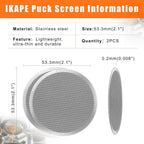 IKAPE 53.3mm 2pc Espresso Puck Screen, 0.2mm Thickness, Reusable Metal Ultra-thin & Ultra-light Coffee Filters, Food-grade 316 Stainless Steel Coffee Puck Screen for Espresso Baristas