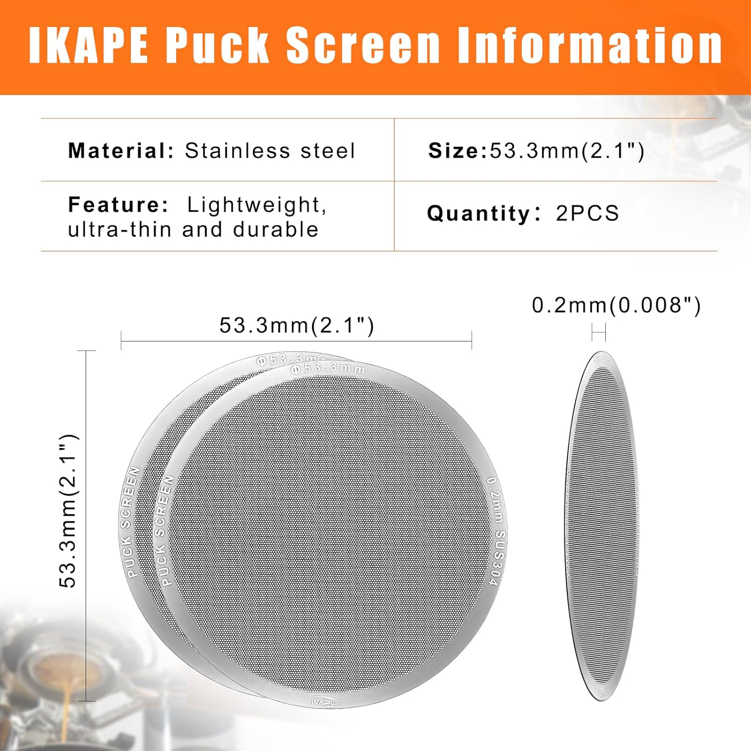 IKAPE 53.3mm 2pc Espresso Puck Screen, 0.2mm Thickness, Reusable Metal Ultra-thin & Ultra-light Coffee Filters, Food-grade 316 Stainless Steel Coffee Puck Screen for Espresso Baristas