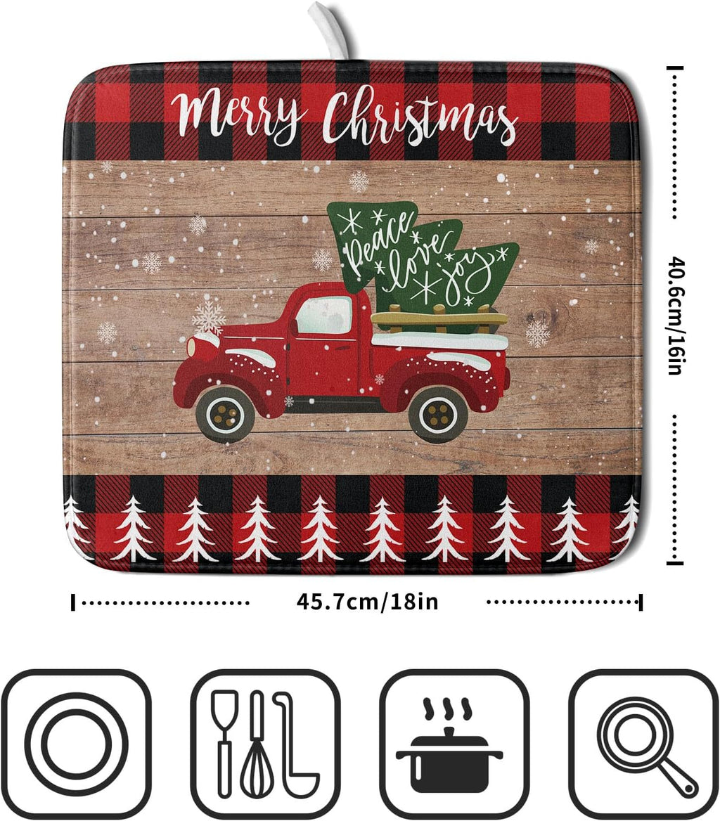 Christmas Dish Drying Mat 16 x 18 Inch with Hanging Loop High Absorbent Reversible Microfiber Red Truck Buffalo Check Plaid Dish Mat Dish Drying Pad Dish Rack Pad Drainer Mat Counter Mat