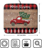 Christmas Dish Drying Mat 16 x 18 Inch with Hanging Loop High Absorbent Reversible Microfiber Red Truck Buffalo Check Plaid Dish Mat Dish Drying Pad Dish Rack Pad Drainer Mat Counter Mat