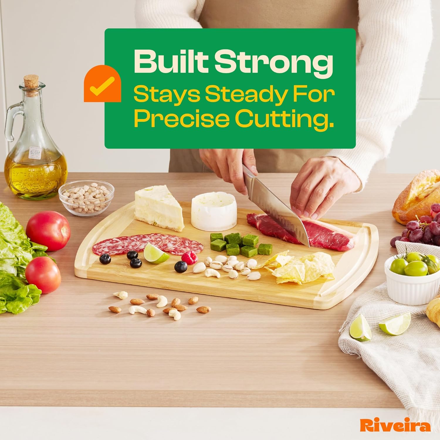 Riveira Two Tone Bamboo Wood Cutting Board – Gourmet Bamboo Grandeur: 18 x 12 Wooden Cutting Board – Wooden Cutting Boards For Kitchen Decorative – Innovative Juice Grooves Wooden Chopping Board