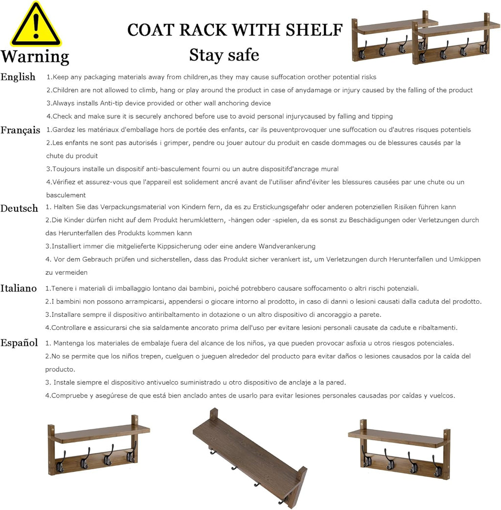 Coat Rack with Shelf, 2 Pack Bamboo Wall-Mounted Coat Hanger with 8 Hooks for Entryway, Hallway, Kitchen, Bathroom, Living Room, Utility Room (Natural)