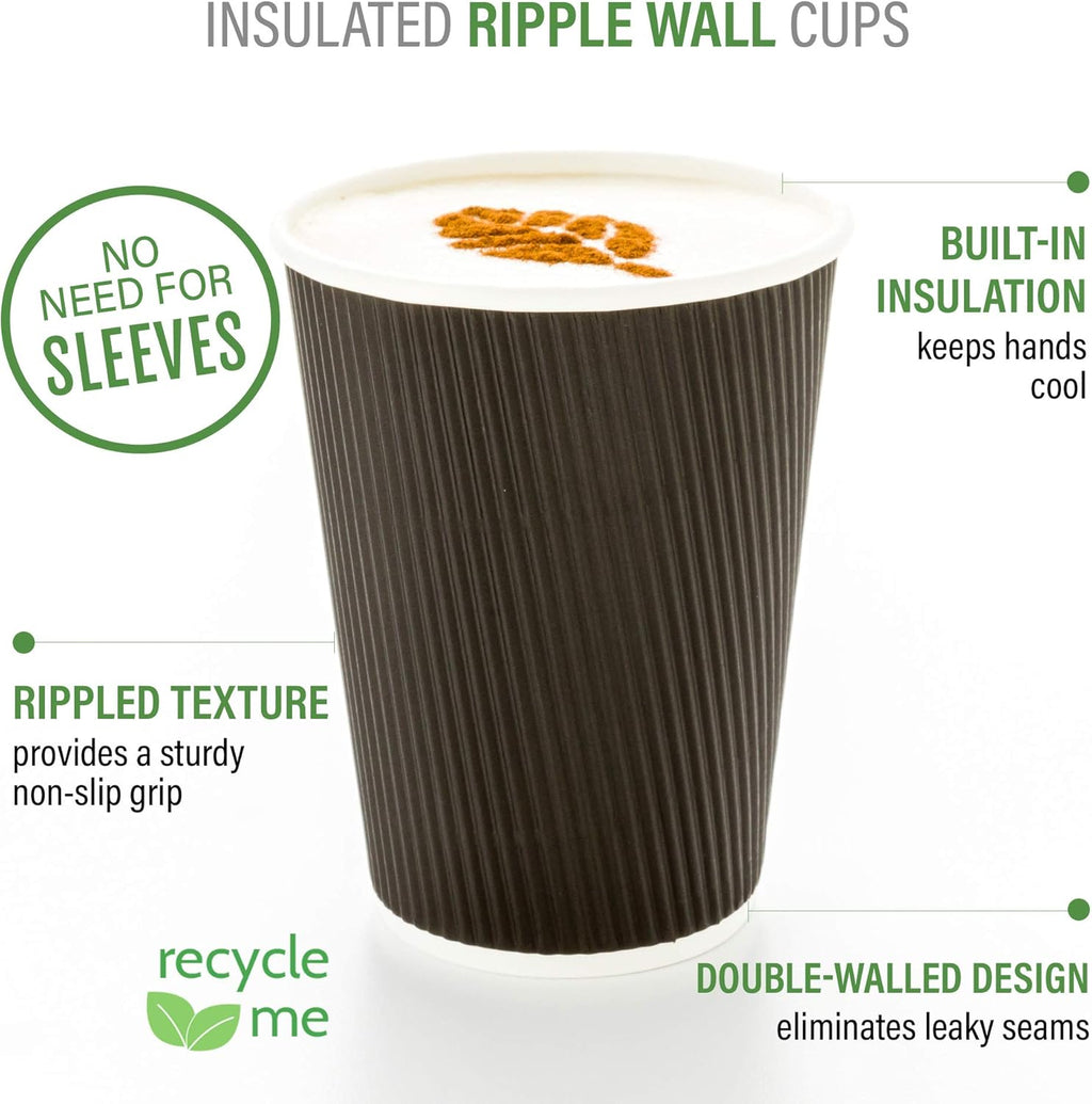 Restaurantware 8 Ounce Double Wall Disposable Coffee Cups, 500 Insulated Black Paper Tumblers with Ripple Wall Design, Lids Sold Separately for Hot Drinks like Tea, Hot Chocolate, and More
