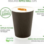 Restaurantware 8 Ounce Double Wall Disposable Coffee Cups, 500 Insulated Black Paper Tumblers with Ripple Wall Design, Lids Sold Separately for Hot Drinks like Tea, Hot Chocolate, and More