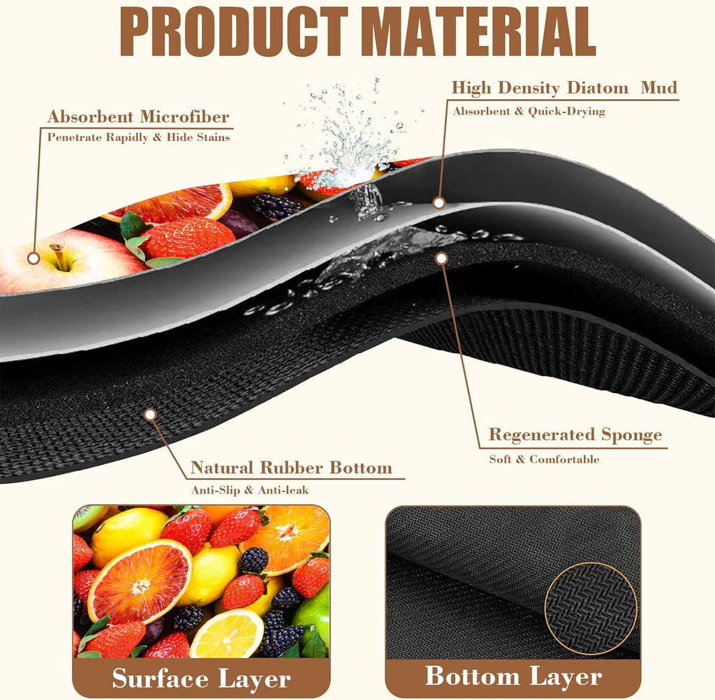 Fresh Fruits Dish Drying Mat for Kitchen Counter Coffee Bar Mat Hide Stain Absorbent Non-Slip Rubber Backed Drying Rack Pad Espresso Machine Coffee Bar Accessories 15.7 x 23.6 Inch