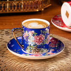 KAMMAK Tea Cups and Saucers Set of 2, Porcelain Coffee Cups with Saucer for Espresso, Cappuccino, 7.5oz Vintage Red and Blue Ceramic Demitasse Mug for Home, Tea Party, Office