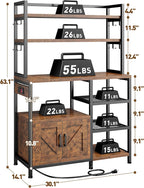 EnHomee Bakers Rack with Power Outlet, 6 Tier Microwave Stand, Coffee Bar Organizer with 8 L-Shaped Hooks, Kitchen Shelves with Storage, 14.1 x 30.1 x 63.1 Inches, Rustic Brown