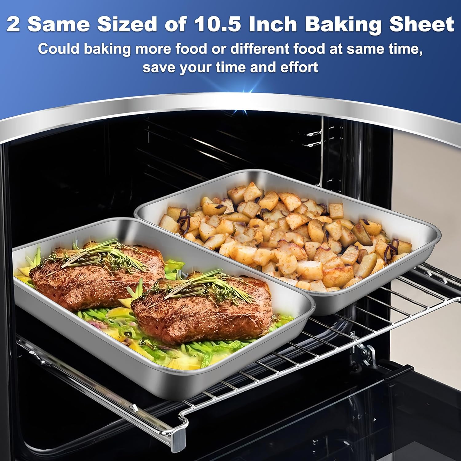 P&P CHEF 10.5 Inch Baking Cookie Sheet, Oven Pan Tray Stainless Steel Sheet Pan for Kitchen, Oven Bakeware for Multi Uses, Shiny Look & Dishwasher Safe, Healthy & Heavy Duty, 2Pcs