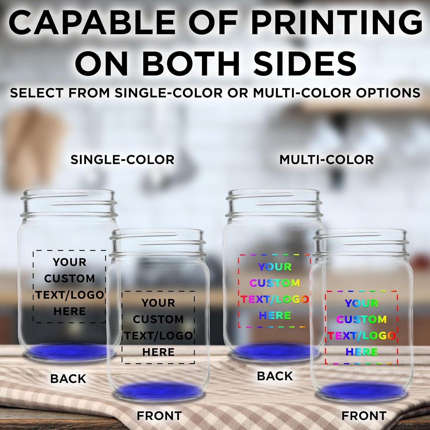 DISCOUNT PROMOS Custom Decorating Mason Jars 12 oz. Set of 50, Personalized Bulk Pack - Glass Jars for Overnight Oats, Candies, Fruits, Pickles, Spices, Beverages - Blue